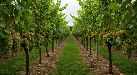 Naklejka premium Wine grapes, Rows of vines, Agriculture, Rows of Grapevines in Vineyard with Ripe Green Grapes