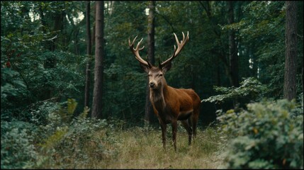 Majestic stag standing in a lush green forest showcasing impressive antlers in natural habitat