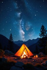 Campfire illuminates starry night sky above tent , relaxation, astronomy
