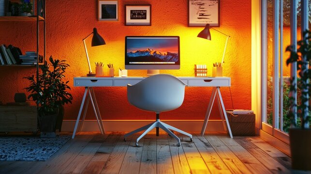 Modern and clean home office space with warm lighting, elegant furniture, and neatly arranged office essentials.