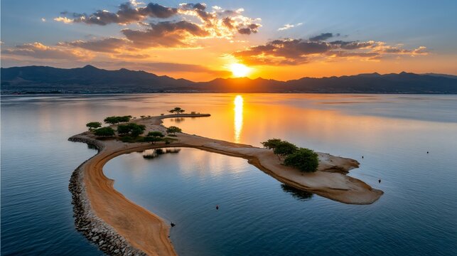 A sunset aerial panorama of patch reefs ringed by seagrass beds, with floating buoys marking no-take zones established to allow corals to recover from past overfishing impacts