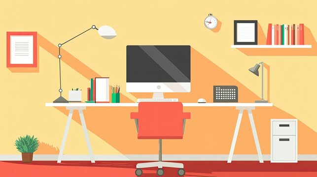 Modern and clean home office space with warm lighting, elegant furniture, and neatly arranged office essentials.