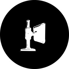 Monochromatic depiction of vintage laboratory equipment against a circular backdrop