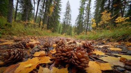 Tranquil Autumn Pathway Surrounded by Pine Trees with Fallen Pine Cones and Colorful Leaves on the Ground