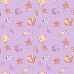 Summer pattern with beach elements. Seamless background with hand-drawn doodle icons in pastel colors. Perfect for wallpaper, wrapping paper, fabric design, and more.