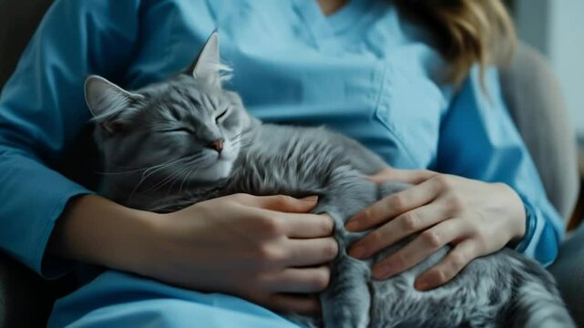 Female vet palpating belly of pregnant cat