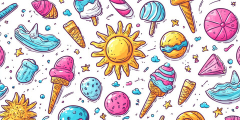 Playful Summer Doodle Patterns with Ice Cream and Sun Icons