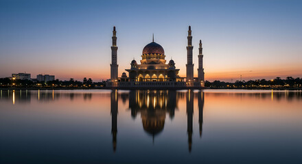 Naklejka premium Islam, Muslim, Religion, Majestic Mosque at Sunrise with Reflection