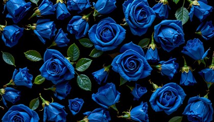 A cluster of vivid blue roses with green leaves set against a black background. 