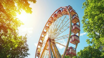 Obraz premium The famous Ferris wheel at Vienna Prater glowing in the morning sun, with lush greenery surrounding the park