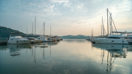 Obraz premium Tranquil Marina Scene at Dawn with Yachts Reflected on Calm Water under Soft Morning Light and Scenic Hills in Background