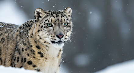 Fototapeta premium Uncia uncia, Wildlife, Animal, Majestic Snow Leopard in Winter Wonderland