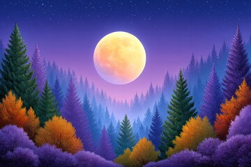 a watercolor painting of the full moon casting soft light over a night forest scene