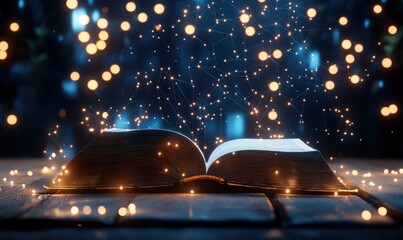Open ancient book, magical glow, night, knowledge, fantasy