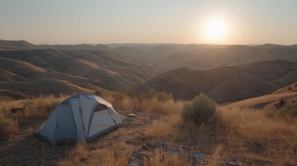 Serene Campground at Sunset Over Rolling Hills, Capturing Nature's Beauty in a Peaceful Outdoor Setting