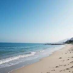 Obraz premium Peaceful Ocean Scene Waves Reaching Sandy Shore Clear Blue Sky