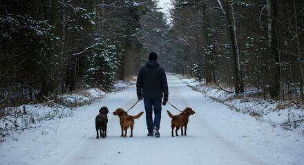 Woods, Trees, Path, Man Walking Three Dogs in Snowy Winter Forest