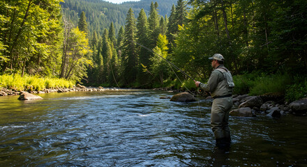 Fly fishing, Fly rod, Fishing, Fly Fisherman on a River in the Wilderness
