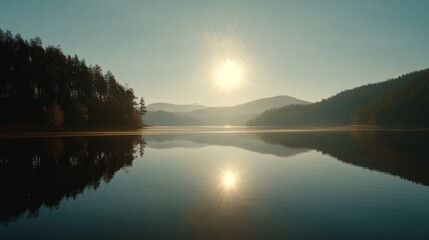 Fototapeta premium Serene morning sunrise over calm lake reflecting mountains and trees in tranquil nature landscape