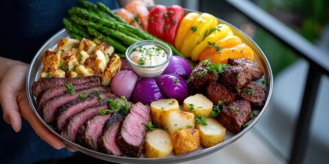 Overhead BBQ plate with variety of meats, colorful veggies