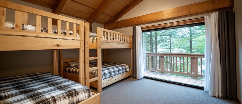 A room with a view of the forest and a set of bunk beds with plaid bedding