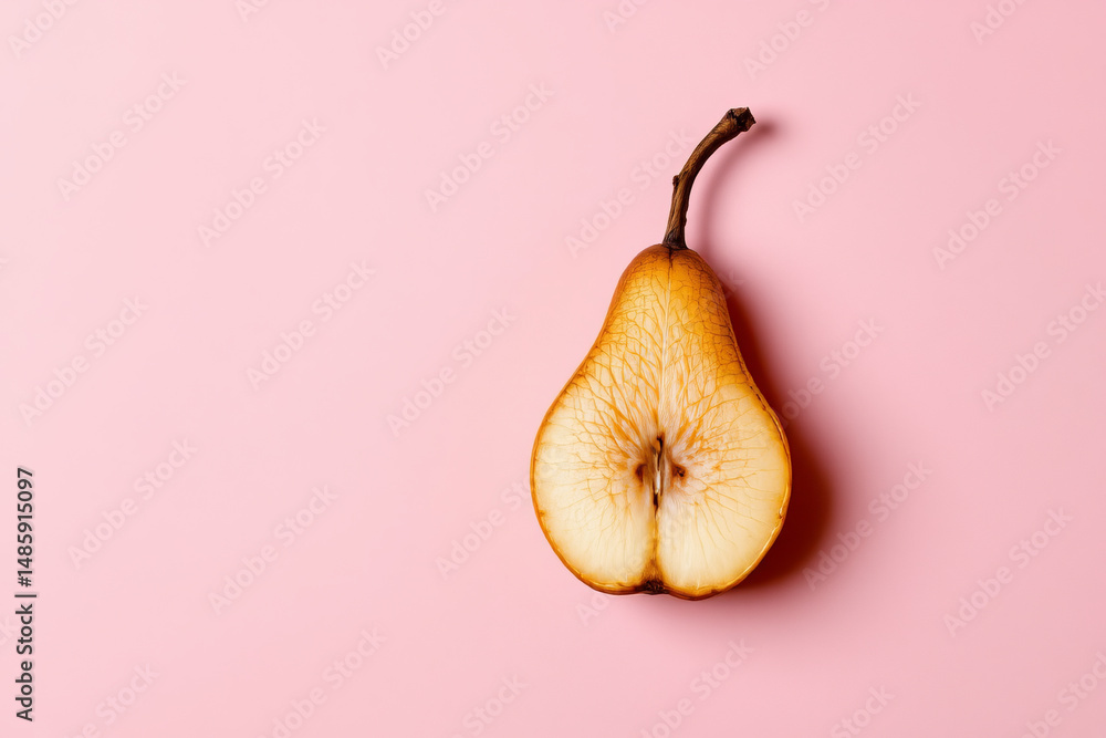 Poster poached pear half with elegant texture and warm color on soft pink background