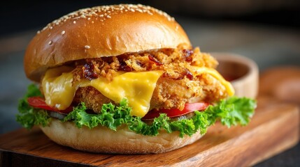 A burger with fried chicken cheese lettuce and tomato on a wooden surface.