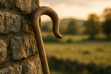 Obraz premium Pastoral Serenity: A weathered wooden shepherd's crook leans against a textured stone wall, capturing a moment of tranquil simplicity in a sun-kissed rural scene.