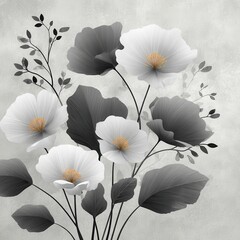 Botanical flower wallpaper monochrome luxury concept. Delicate black and white floral illustration with intricate line details and soft petals.