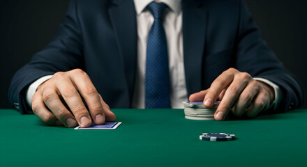 Naklejka premium Gambling, Casino, Game, Businessman Playing Cards at Poker Table