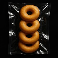 Vacuum packaging, donuts in glossy clear plastic packaging.