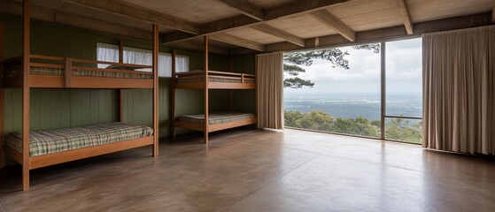 Obraz premium A room with two sets of bunk beds, a large window overlooking a mountain vista, and a wood floor