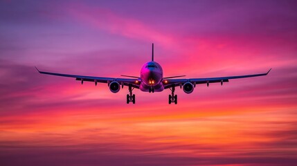 Naklejka premium Airplane Approaching Landing at Sunset with Vibrant Colors in Sky Over Airport with Pink and Purple Cloud Formation