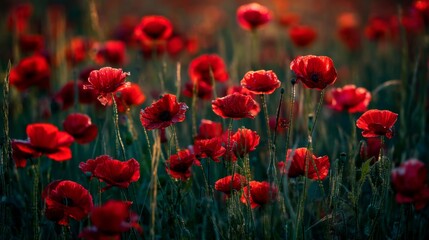 Fototapeta premium Vibrant Red Poppies Blooming in a Sunlit Meadow with Glimmering Dewdrops in Nature's Serene Landscape