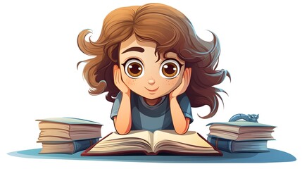 Young girl writing in a notebook at school desk - Vector Illustration