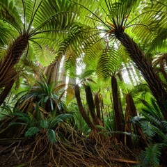  Dense and Lush Tropical Rainforest with Towering Ferns and Abundant Greenery, Showcasing Biodiversity and the Tranquil Beauty of Untouched Nature