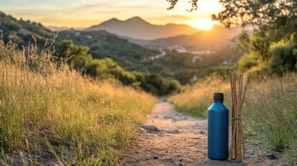 Sunset hiking trail with water bottle