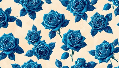 A pattern of vivid blue roses with leaves on a light  beige background. 