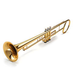 Obraz premium A lustrous brass trumpet lies on a clean, white surface, showcasing its intricate design and polished finish.