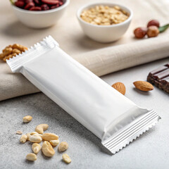 The focus is on a white, unbranded snack bar, artfully surrounded by cashews, almonds, hazelnuts, oats, and chocolate on a neutral, textured backdrop.