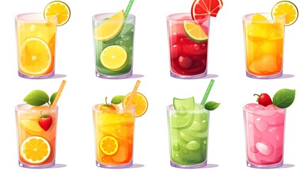 Variety of Fruits and Refreshing Drinks in Cartoon Vector Illustration