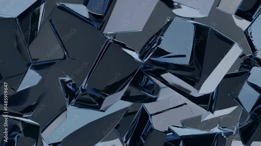 Poster abstract composition featuring dark blue reflective cubes interlocking to form an intricate and visu