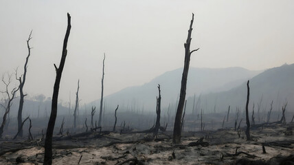 Silent testament to wildfire devastation charred trees stand stark against hazy hills a haunting landscape