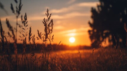 Fototapeta premium Beautiful sunset landscape with tall grass and vibrant colors illuminating the sky during evening hours in nature