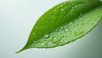 Fototapeta premium Lush Green Leaf with Dew Drops Nature s Freshness Close Up Macro Photography