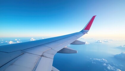 Obraz premium Airplane wing against blue sky, showcasing aerodynamic design, travel, blue