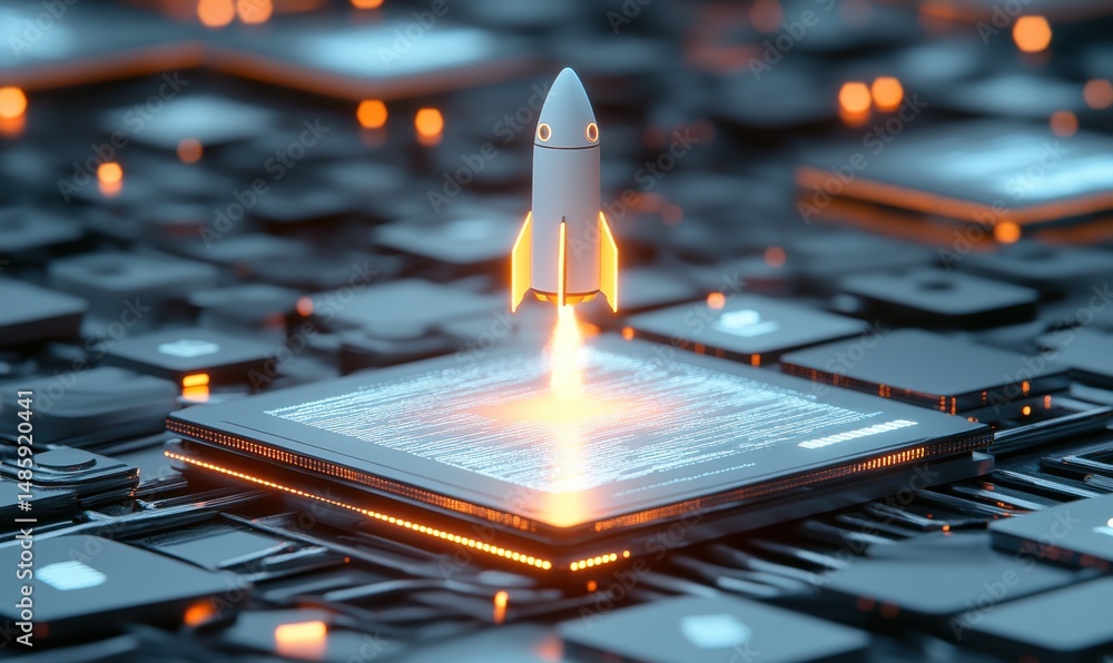Poster rocket launching from digital chip; technology innovation; circuit board background; startup concept