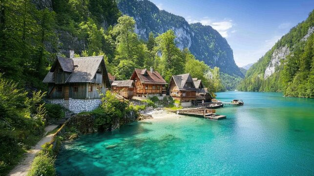 A peaceful countryside scene in Rastoke, where old wooden houses stand over turquoise waterfalls, surrounded by lush greenery.
