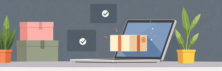 simple animation shows courier package arriving laptop accompanied checkmarks greenery flat color