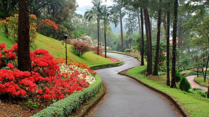 Fototapeta premium A peaceful pathway surrounded by towering trees and vibrant flowers in Perdana Botanical Garden, Kuala Lumpur.